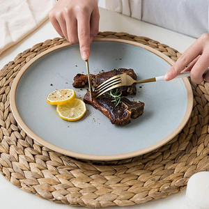Service de vaisselle en céramique émaillée de couleur <span class=keywords><strong>pastel</strong></span> nordique, vaisselle en porcelaine ronde avec bord blanc, plats pour gâteaux, pâtes, steak - Product Image 4