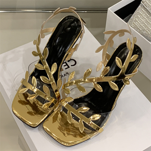 Sandales d'été à talons hauts pour femmes XSD Factory, à bout ouvert, avec décoration feuille dorée, à enfiler, design populaire - Product Image 6