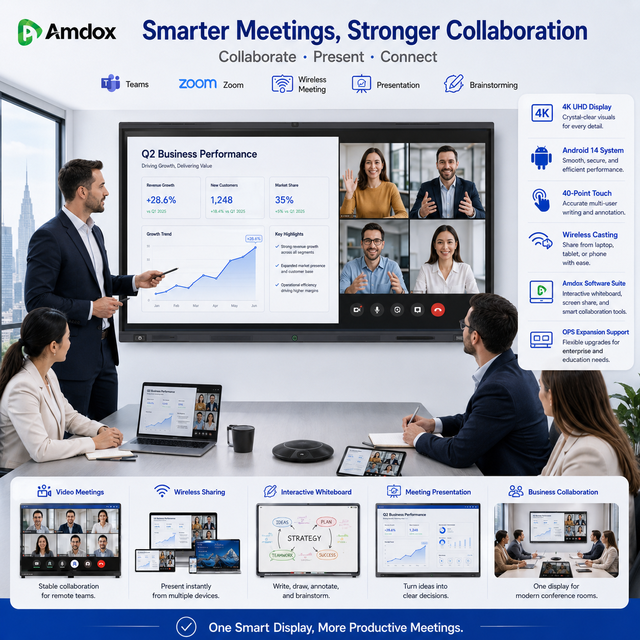 Amdox ES 4K Android 14 OPS 55 65 75 86 110 Inch Interactive Display Smart Board Touch Screen Monitor Interactive Whiteboard