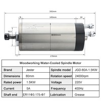 Moteur de broche refroidi par eau Jester JGD 80A 1,5 kW à 3 roulements, diamètre 80 mm, 220 V/380 V, 24 000 tr/min, pour routeur CNC et gravure sur bois