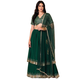 ชุดราตรีผ้าจอร์เจียประดับเลื่อมสีเขียวเข้มชุดเดรส lehenga choli สำหรับงานปาร์ตี้ - Product Image 1