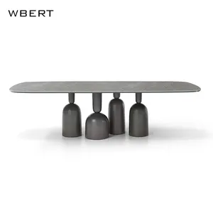 WBERT Round luxury dining table French retro stone table rectangular painted solid wood dining table