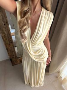 Robe longue sans manches en jersey doux pour femme, col en V profond, froncée, style cache-cœur - Service d'agent d'achat FTS Chine, expédition DDP, dédouanement - Product Image 3