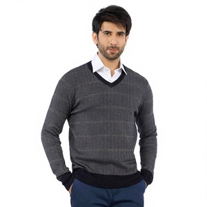 Pull en tricot géométrique pour homme, manches longues, col en V, 100% acrylique, style automne, gris foncé, noir - Product Image 1