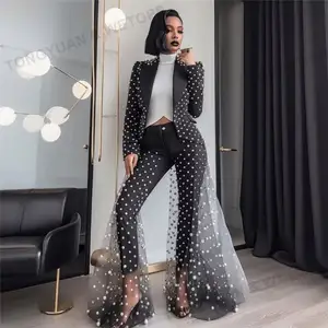 Custom Apparel 2023 pearl mesh pants and blazer jacket 2 piece women's suits & tuxedo sexy slim fit bell bottoms casual wear