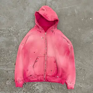 Custom Heavyweight Oversized Ripped Streetwear Men Distressed Sunfaded Vintage Pink Acid Wash Zip Up Hoodie