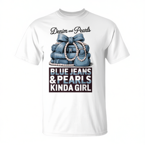 Camiseta Denim And Pearls con diseño de vaqueros y perlas para chica - Product Image 2