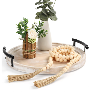 صينية قهوة خشبية مستديرة بطراز ريفي، صينية خشبية زخرفية بمقابض لديكور المنزل - Product Image 1