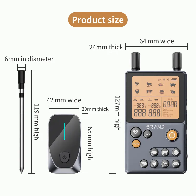 Long Range Intelligent Bbq Cooking Thermometer Wireless Digital Meat Thermometer With Dual Probe Thermometer
