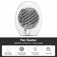 Radiateur soufflant électrique ovale portable avec thermostat, 3 modes de chauffage (chaud, très chaud), 2000W, contrôle automatique de la température, résistant au feu