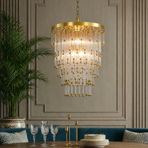 Round Drum Crystal Tassel Pendant Light Brass <b>Ball</b> Bead Crystal Strand Chandelier For Dining Room Villa Interior Lighting - Product Image 1