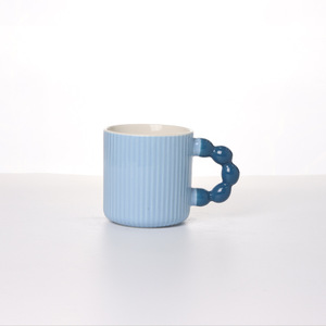<b>Ceramic</b> Mug Solid Color Ribbed Design With Beaded Handle Gift <b>Cup</b> For Coffee Tea Water Office Use - Product Image 3