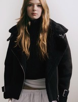 Dernier design Veste extérieure en cuir doublée de fourrure de style russe noir Veste en daim pour femme Vente en gros
