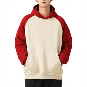 Sweat-shirt à capuche pour homme, rouge et crème, manches raglan, coupe ample, couleur unie, tricoté, pour l'automne, 100% coton - Product Image 1