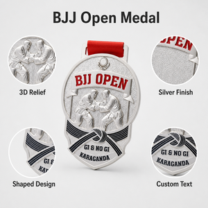 Médaille de récompense personnalisée de Jiu-Jitsu brésilien, en relief 3D, en métal finition argent, pour <span class=keywords><strong>arts</strong></span> martiaux, avec ruban, OEM ODM - Product Image 6
