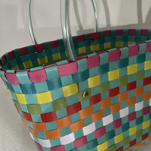 Bag 2023 Beach Small Fresh Color Plaid Plastic Hand Basket Small Square Vertical Braided Bag Hand Braided Summer Straw Bag