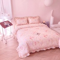 Ensemble de housse de couette en coton 100% à imprimé floral de style campagnard français, élégant avec bordure à volants, rose rose, ensemble de literie 3 pièces