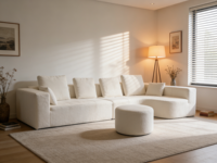 Cremeweißes, flauschiges Stoffsofa, vakuumversiegelt, modular, Ottoman, wolkenähnliche Kissen, Freizeit, Klein, Schule