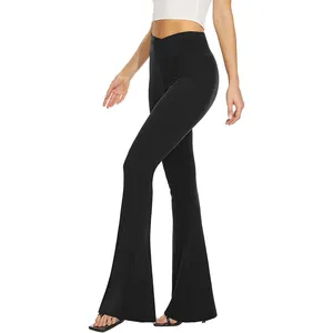 Wholesale Custom Fashion Style Cheap Super Soft Cross Waist Women's Breathable Black Flare Yoga Pants Leggings For Women