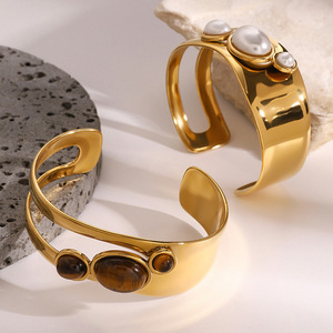 Bracelet jonc de mode pour femme, bijoux fins, bracelet jonc en acier inoxydable, bijoux en pierre naturelle - Product Image 1