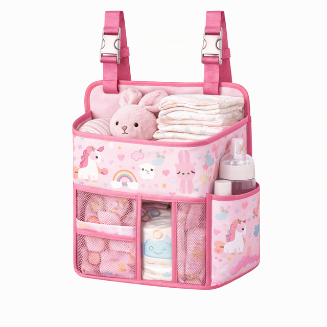 Baby Crib Hanging Storage Organizer Diaper Caddy Bedside Nursery Storage Bag Adjustable Straps Mesh Pockets Waterproof Zipper