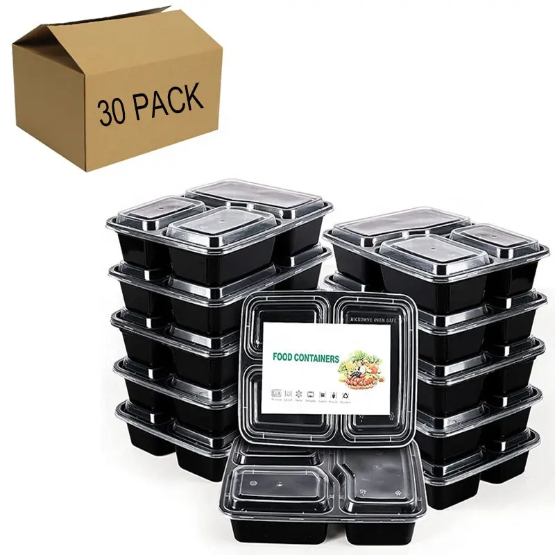 Packing Food Microwave Safe Disposable 3 Compartment PP Food Container with Clear Lid Black Takeaway Food Packaging Box