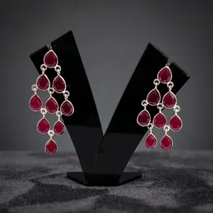 Boucles d'oreilles pendantes en argent sterling 92,5 faites à la main avec rubis, forme goutte d'eau, pierres précieuses, pour femme, fiançailles, mariage, bijoux originaux - Product Image 3