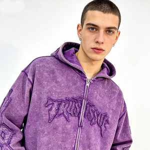 Sudadera con Capucha Personalizada con Apliques Bordados y Gráficos Desgastados, Estilo Vintage Lavado al Ácido, Sudadera Morada para Hombre - Product Image 1