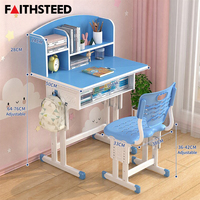 Ensemble table et chaise d'étude bleu pour enfants, bureau réglable en hauteur avec étagère supérieure pour les devoirs à la maison