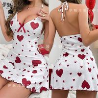 Chemise de nuit pour femme en tricot, vêtement de nuit côtelé, robe courte à lacets, imprimé cœur, respirante, style européen et américain