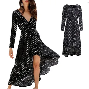 NO moq Stylish Casual V Neck Long Sleeves Polka Dot Print Maxi Long Dress For Women