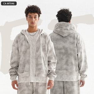 Premium Heavyweight Distressed Zip-Up Hoodie - Vintage Washed Flannel-Lined Pullover for <b>Men</b> | High-End Streetwear <b>Coat</b> - Product Image 1