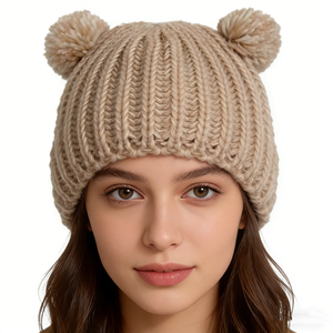 <span class=keywords><strong>Bonnet</strong></span> pour <span class=keywords><strong>femme</strong></span> avec double <span class=keywords><strong>pompon</strong></span> mignon - <span class=keywords><strong>Bonnet</strong></span> d'hiver en tricot côtelé doux avec fil scintillant - Product Image 1
