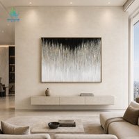 Peinture murale abstraite moderne Bling Design, nature morte dégradée, texture goutte à goutte noir, blanc et or, sur toile encadrée bois, avec feuille d'or