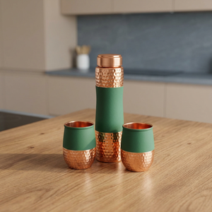 Copper Water Bottle Glass <b>Set</b> Green Sleeve Easy Grip Dishwasher Safe Eco-Friendly Good Health Latest Arrival Corporate Gift Idea - Product Image 1