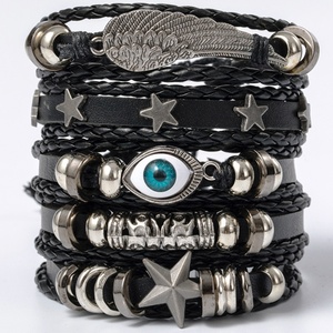 6 Pulseras Punk Rock para Hombre, Ajustables, de Cuero PU Trenzado, Brazaletes Negros para Hombre y Mujer - Product Image 1