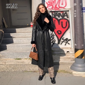 Cappotto Lungo in Pelle Nera da Donna con Bordo in Pelliccia | Cappotto <span class=keywords><strong>Trench</strong></span> in Finta Pelliccia, Soprabito Invernale Caldo con Cintura per Streetwear e Casual - Product Image 2