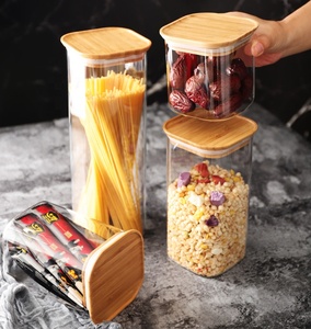 Hand Blown BPA Free Borosilicate Glass Square Storage Jar Stackable Glass Containers with Wood Lids