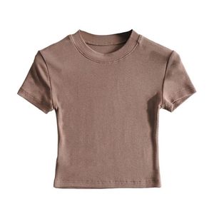 Haut à manches courtes pour femmes solide coupe ajustée col rond t-shirt basique maigre côtelé serré décontracté entraînement Yoga débardeur - Product Image 5