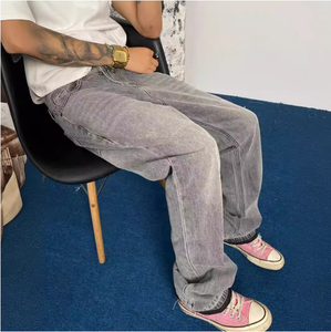 Autunno <span class=keywords><strong>uomo</strong></span> retrò stile medio-riposto traspirante <span class=keywords><strong>Jeans</strong></span> <span class=keywords><strong>grigio</strong></span> fumo nappe <span class=keywords><strong>grigio</strong></span> cemento stile dritto lavato in Denim tinta unita con bottone - Product Image 2