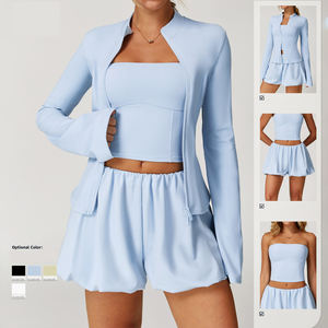 Sport atletici palestra UPF50 + UV protezione solare allenamento giacca a manica lunga e pantaloncini tre pezzi Set abbigliamento donna - Product Image 3