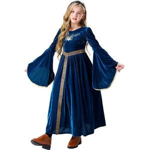 Robe longue de cour médiévale en velours, coupe trapèze, col rond, costume de princesse pour filles, robe de cosplay pour spectacle sur scène, bleu, rouge - Product Image 4