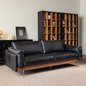 Canapé design vintage en bois massif de style français, en forme de L, recouvert de cuir véritable, pour petits appartements et gîtes - Product Image 2