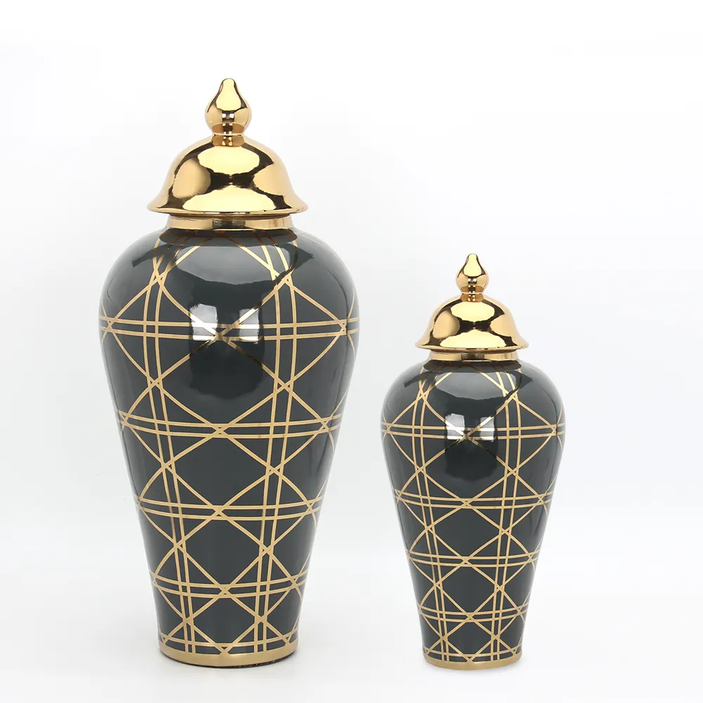 J084 Luxury wholesale custom tall black jar sets golden line ceramic ginger jar home decor