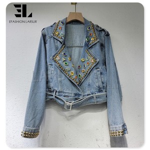LARSUR Denim Factory strass borchiato di perle di cristallo gioielli in Denim <span class=keywords><strong>giacca</strong></span> da donna motociclista <span class=keywords><strong>moto</strong></span> signore giacche di jeans femminili - Product Image 1