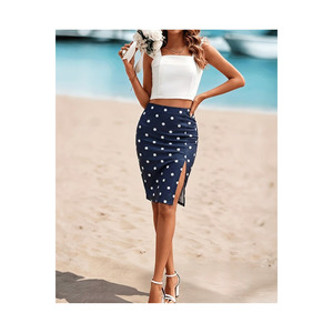 Jupe midi taille haute fendue devant pour femme, motif pois bleu marine, 65 cm, silhouette crayon, tissu tissé - Product Image 2