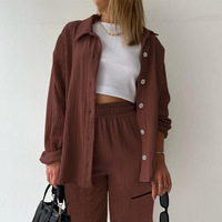 Ensemble 2 pièces décontracté pour femme : chemise boutonnée à manches longues et pantalon large à effet froissé – Vente en gros