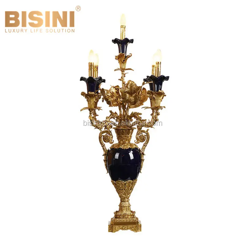 Ancient Brass 3-heads Home Decorated Candle Lighting, Enamel Black Porcelain Chandelier Bronze Table Lamp