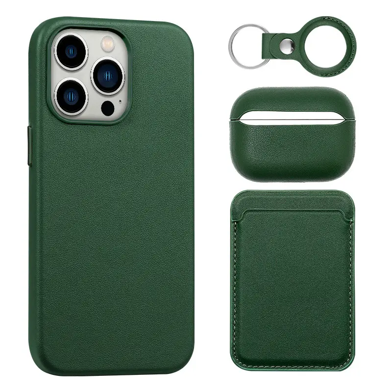 High Quality Solid Color 4 in 1 Leather Full Wrap Anti-Drop Mobile Phone Case Card Sleeve For Iphone 14 13 12 Pro Airpods 1 2 3
