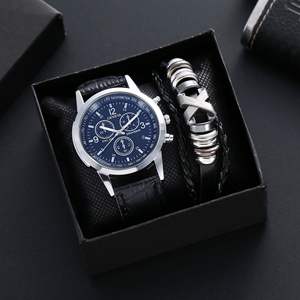 Montre à quartz pour homme en gros, trois aiguilles, couleur bleu-<span class=keywords><strong>ray</strong></span>ée, boîtier en alliage, facile à assortir, bracelet en cuir, ensemble de deux pièces, cadeau - Product Image 4